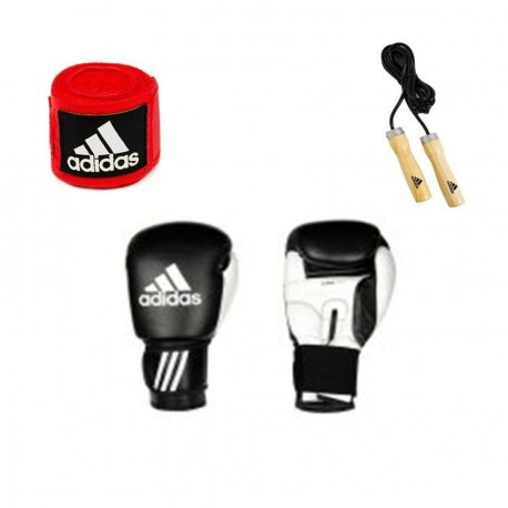 COMBO ADIDAS BOX BLANCO Y NEGRO - Guante, Cuerda de Saltar y Venda - Envío Gratuito