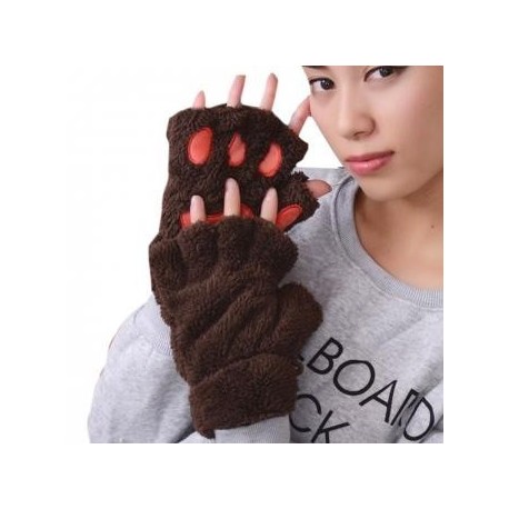 Mujeres Fluffy Bear gato de la felpa de la pata Garra Guante-novedad de Halloween Toweling medios guantes cubierto Marrón oscur 