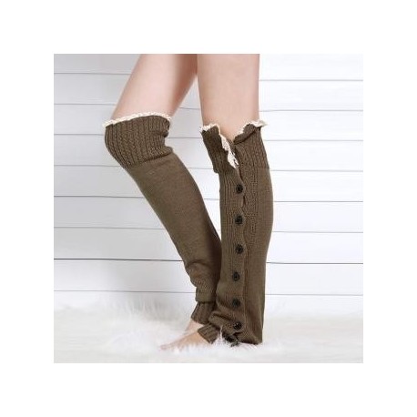 Bota Calcetines para mujer Rodilla Knit botón plano ganchillo del cordón del ajuste calentadores de la pierna - Envío Gratuito